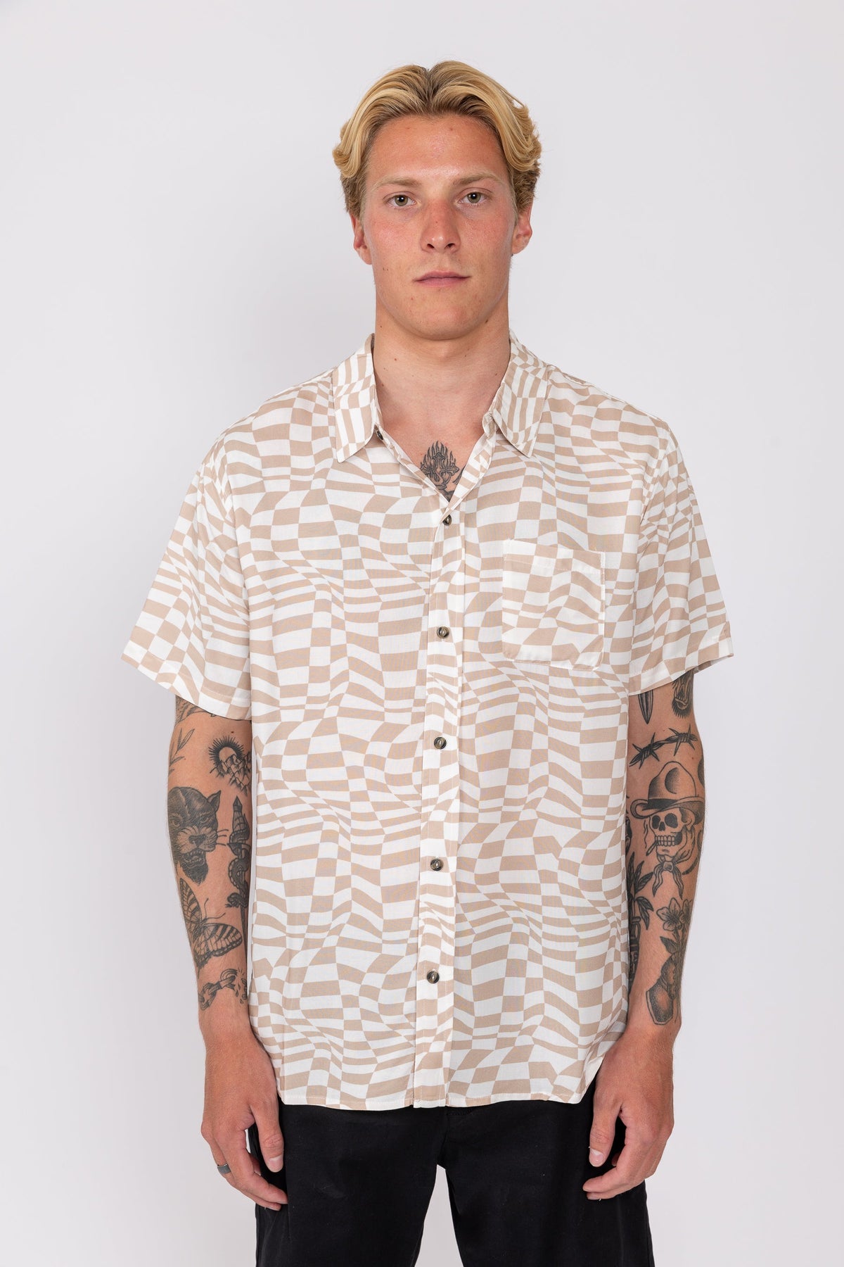 Rusty USA Warpped Check Ss Shirt TAUPE